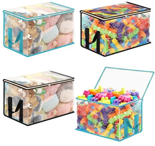 4 Pack Large Clear Storage Organizer Bags with Zipper, Reusable Clear Plastic Bins with Handle Organizer for Playroom Blocks Stuffed Animals Clothes Storage