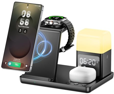 6-i-1 induktiv laddningsstation, 15W trådlös laddare med väckarklocka och nattlampa, trådlös laddare kompatibel med Samsung GalaxyS25/24/Galaxy Buds3/Galaxy Watch, iPhone 16/15/AirPods4/3