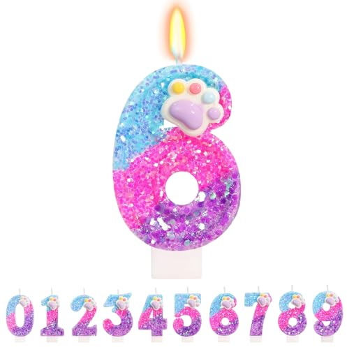 TESGADGETS Velas de cumpleaños con patas adorables – Vela con el número 6, decoración para pasteles con huellas de gatos y perros, decoraciones de cumpleaños estilo dibujo animado para niños y niñas