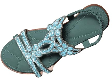 Sandales Bohèmes Femme Été Confortable Nu Pieds T-Strap Bride Élastique Cheville Ouvert Bout Chaussure Plage Strass Cristal Florals Casual Femmes Habillées Plat Fleur Cuir Sandale
