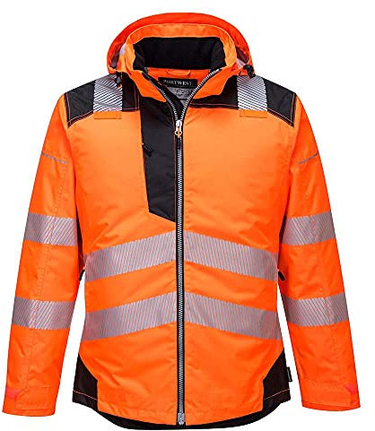 Portwest T400 Men's PW3 Lightweight Hi Vis Hooded Work Jacket Reflective Full Zip Safety Utility Quilt Lined Waterproof Workwear Orange/Black, Small