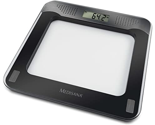 medisana PS 416 sprechende Personenwaage, Präzise digitale Waage aus Glas, 4 Sprachen, Integrierte Abschaltautomatik, Bis 180 kg, Schwarz / Silber