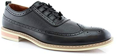 Ferro Aldo Josh Men's Casual Wingtip Oxford | Mixed-Media Longwing Brogue with Modern Contrast Sole | MFA19278PL | in Black, Size 7.5
