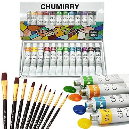 CHUMIRRY KIDS Superior Buntglas-Kunstfarbe, transparente und durchscheinende Fensterfarbe, lackbasierte Glasmalfarbe mit 9 Pinseln