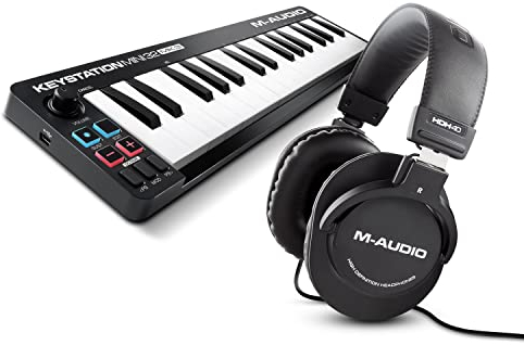 M-Audio Keystation Mini 32 MK3 Bundle - 32-Key USB MIDI Keyboard Controller and Over Ear Headphones HDH40 for Studio Recording and Monitoring
