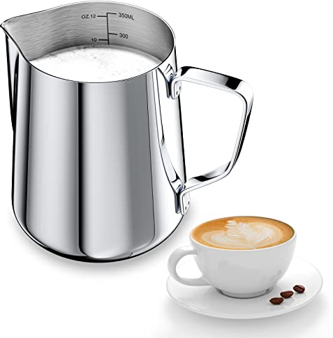 Newaner 350ml Bricco Latte Professionale per Montalatte Inossidabile 304, Lattiera Mucca con Segno di Misurazione 12oz, per Cappuccino, Espresso, Latte Art, Perfetta per Gli Amanti del Caffè