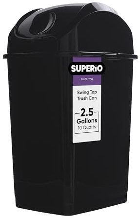 Superio Small 2.5 Gallon Plastic Trash Can with Swing Top Lid, Compact Slim Waste Bin for Under Desk, Office, Bedroom, Bathroom, Dorm Room, 10 Qt. Portable Garbage Can (Black)