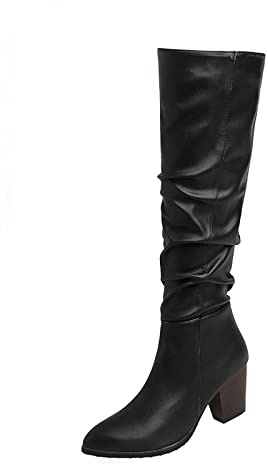 Susenstone Bottes Femmes Genou Bottes Hautes Bloc Talon Bout Pointu Rétro Faux Cuir Hiver Chaud Bottes De Neige Cowgirl Cowboy Bottes Moto Bottes De Combat