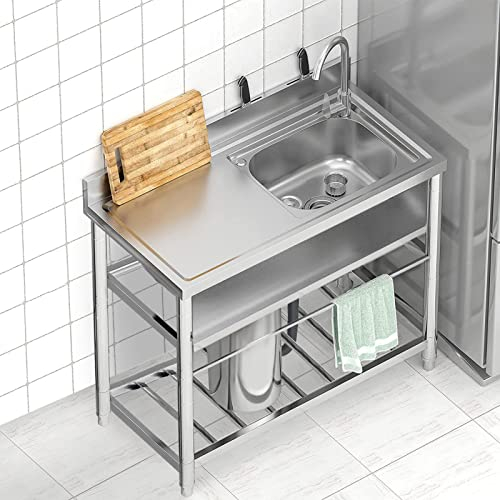 Evier de restauration sur pied en acier inoxydable 304 pour buanderie avec robinet et vidange, poste de travail, évier industriel pour garage, évier commercial pour restaurant, atelier