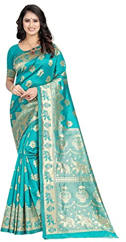 Sugathari Banarasi Saree Pure Kanjivaram silke sari mjuka nya damer 2023 designkläder Pattu Sarees senaste bomullsfest sari kollektioner med blusstycke för bröllop sadi (SAM SAN 9016), Firozi, One