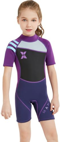 BABYBEEUS 2.5mm 1-Piece Girls Full Boby Back Zip Long/Short Sleve Wetsuit for Cold Water Swimming/Driving/Surving (Short Sleeve - Black/Purple, 2T)