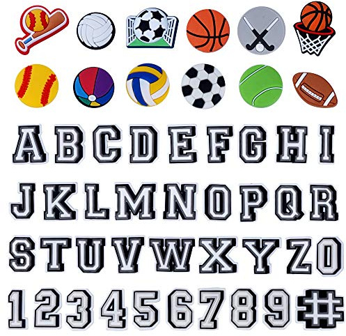 QASIMOF Lot of 49 Letters Numbers and Sports shoe charms for Clogs Shoe Charms Decorations Wristband Bracelet Party Favors