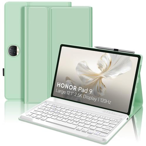 JADEMALL Keyboard Case for Honor Pad 9 12.1, Wireless Magnetic Detachable Bluetooth Keyboard(UK Layout), Premium PU Leather Cover with Pencil holder for HONOR Pad 9 12.1-inch Tablet, Grass Green