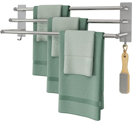 JS Toallero sin taladrar SUS304 Toallero de Acero Inoxidable Toallero Pared 3 Barras Toallero con 2 Ganchos Multifuncional Toallero Baño Autoadhesivo Baño Cocina 60 cm