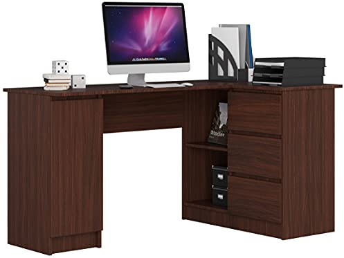 AKORD Scrivania ad Angolo B-20 | 3 cassetti, 2 Ripiani e un Ripiano con Anta | Scrivania ad angolo per l'ufficio in casa | 155x77x85 | 60 kg | Wengé