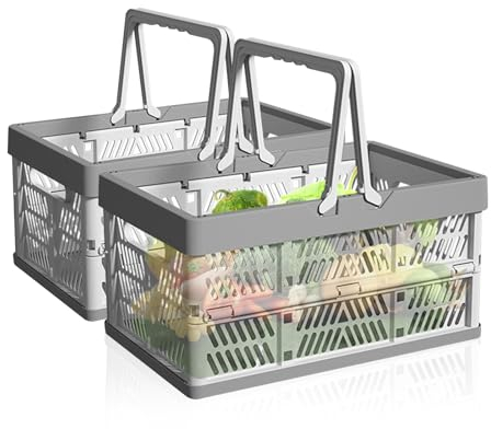 VicBou Einkaufskorb Faltbar, Groß Picknickkorb mit Plastik Griffen Praktischer Klappkorb Einkaufstasche Geeignet für Reisen Picknick Einkaufen Geschenk Grau