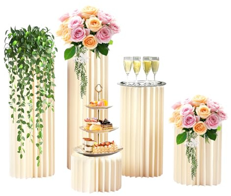 Supporti cilindrici per fiori pieghevoli, set da 5, in carta con base in PVC, colore bianco, altezze: 20–40–60–80–100 cm, per matrimoni, compleanni e eventi