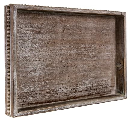 Wooden Decorative Tray, Rectangular Serving Tray with Wood Bead, Farmhouse Big Tray for Ottoman, Countertop, Coffee Tabl, 16.5 x 13x 1.6 (Retro Brown)