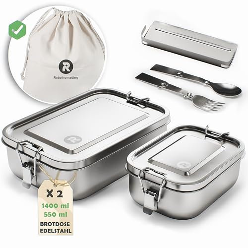 Rebelnomading 1400 ml Brotdose + 550 ml Edelstahl Brotdose Erwachsene Mit Tragetasche, Faltbarem Löffel, Gabel - Auslaufsichere Große Edelstahl lunchbox set