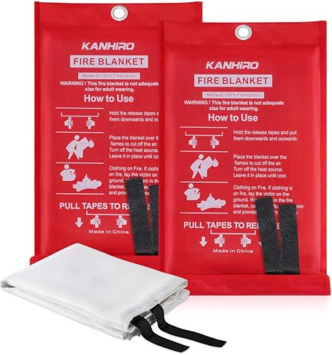 KANHIRO Fire Blanket for Home Kitchen, 1m X 1m, Emergency Fire Retardant Blankets, 2 Pack