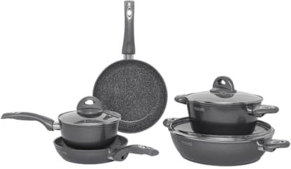 Aeternum, Petragres Ecosolution, Batteria 8 pezzi, 2 Padelle 20-24 cm, 2 Casseruole 16-20 cm, 1 Tegame 28 cm, 3 Coperchi 16-20-28 cm, Full Induction, Adatto all'Induzione, Riv. PFAS FREE, Grigio scuro