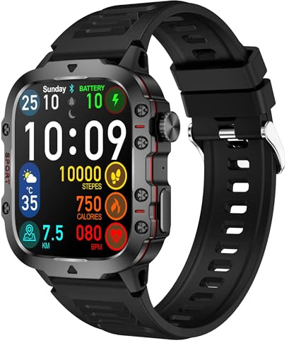 Militär smartwatch herr 3ATM 1,96 tum sportsmartwatch (svara/ringa) med över 100 sportlägen, pulsmätare och sömnövervakare, kompatibel för Android och iOS