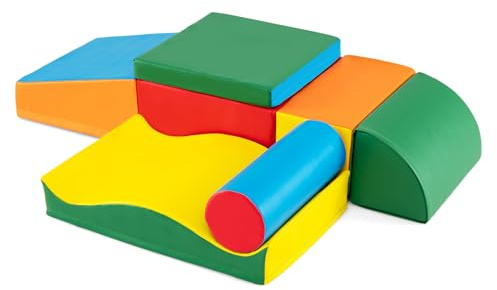 COSTWAY Set 7 Blocchi in Schiuma per Bambini, Set Gioco da Arrampicata con Rivestimento Rimovibile in Pelle Artificiale, Blocchi di Costruzione Morbidi per Bambini da Interno, Multi-Colore