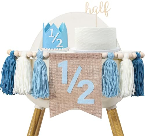 Birthday Boy Half Birthday Decorations High Chair Banner, 6 Month Tassel Wood Bead Highchair Garland Blue (Blue)