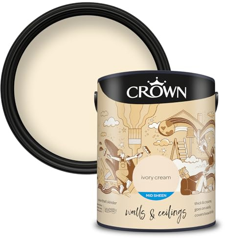 Crown Ivory Cream - Mid Sheen Emulsion Paint - Wipeable, Scuff Resistant - Classic Cream Paint - Kitchen & Bathroom Paint - 5L