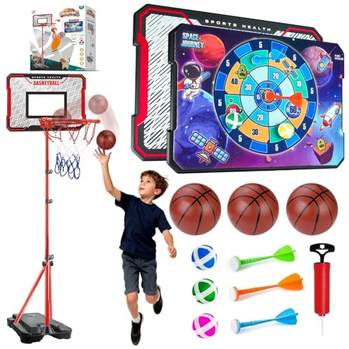 Adjustable Kids Basketball Hoop and Dart Board Set 43-75 Inches Indoor Outdoor Use for Toddlers to Teens Includes 3 Balls Pump and Darts Toys for 3+ Year Old Boys and Girls Xmas Gifts
