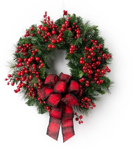 30cm Klassisches Design Weihnachtstürkranz, Türkranz Weihnachten Mit Eschenbeeren Und Schleife, Ideal Für Winterdeko & Türdekoration (A)