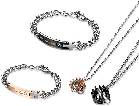 Flongo Set Collane Fidanzati Bracciale Croce: His Queen Her King, in Acciaio Inossidabile, Regalo per San Valentino e Natale