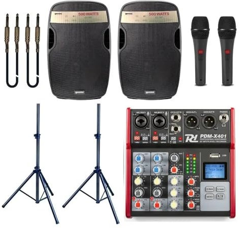 IMPIANTO AUDIO 835 PACK kit professionale con mixer, coppia di diffusori, supporti, 2 microfoni e cavi, per cantinette, bar, karaoke ecc.