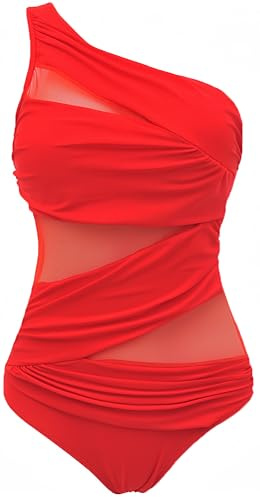 Ocean Plus Mujer Malla Color Sólido Asimetría Figura Que Forma Traje de Baño Mesh Cuello Alto Una Pieza Talla Extra Trajes de Una Pieza (3XL (EU 44-46), Asimetría Rojo)