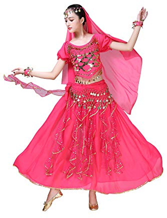 ORIDOOR Women Belly Dance Dress Indian Bollywood Halloween Costume Chiffon Skirts Shiny Belly Dance Suits 5-Piece Outfit, 004 Rose Red, One Size