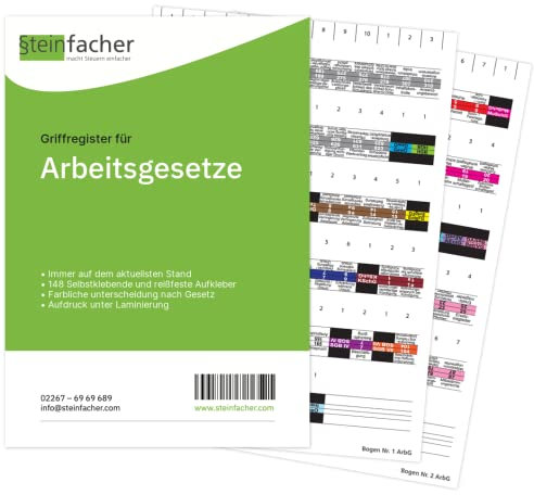 Steinfacher Griffregister für ARBEITSGESETZE - 148 bedruckte Aufkleber, inkl. Einklebeschablone für gebundene Textausgaben (Folien | fest | mit Überschrift)