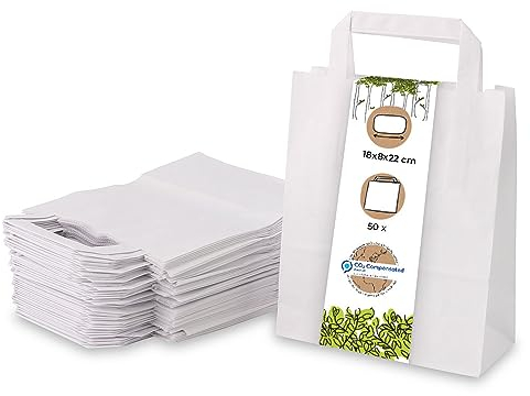 BIOZOYG 50x Papiertragetaschen 18 x 8 x 22 cm - weiße Papiertüten mit Henkel Einkaufstüten - Papiertaschen Geschenktüten Tragetaschen Kraftpapier