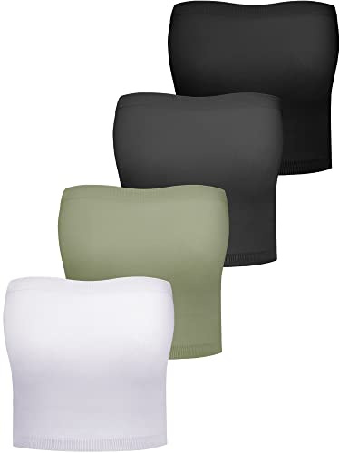 Bencailor 4 Pieces Women Bandeau Bras Strapless Bralette Tube Top Seamless Stretchy Non Padded Tubes(Medium,Black, White, Gray, Olive Green)