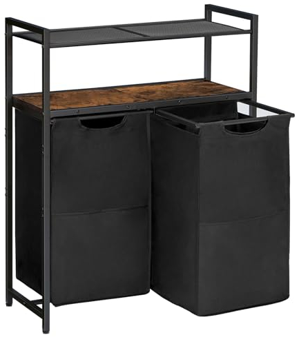 HOOBRO Laundry Basket with Shelf, Laundry Hamper 2 Compartments, Laundry Sorter, 2 x 49.5L, with 2 Pull-Out and Removable Bags, 2 Shelves, for Bathroom, Rustic Brown and Black EBF73XY01