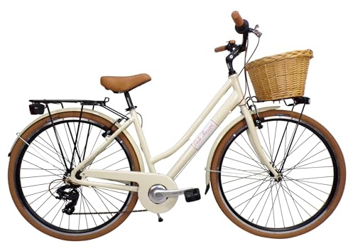 Cicli Tessari - bicicletta da donna telaio in ALLUMINIO bici city bike 28'' vintage retro' cesto in vimini (beige)