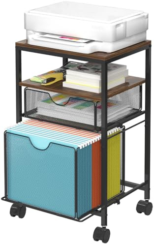 BOHDK Rolling File Cart with 2 Storage Drawers, Wood & Mesh Hanging File Folder Organizer with Wheels Under Desk, File Cabinets for Home Office, 14.7 L x 11.8 D x 25.3 H