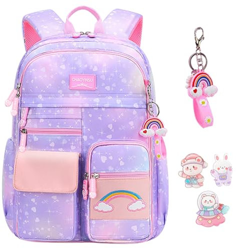 IHCEMIH School Backpack, Girls Cute Bags for Primary Secondary School Multi Pocket Casual Rainbow Daypack Childrens Travel Rucksack Elementary Book Bag Pack with Keychain Badge for Kids Teen Purple