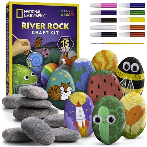 National Geographic Rock Painting Kit - Arts & Crafts Kit for Kids, Decorate 15 Rocks with 10 Paint Colours & Art Supplies, Kids Art & Craft Kit