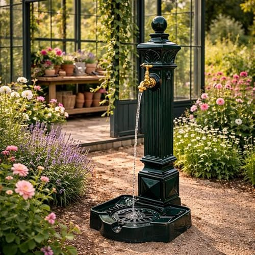 Fontaine de Jardin Décoration à Poser en Fonte d'Aluminium et Robinet en Laiton Colonne à Eau Style Antan 29x33x81cm