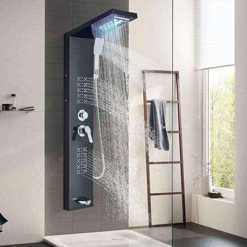Hevenaov Duschpaneel LED Schwarz Edelstahl 5 Funktionen mit Regendusche Wasserfall Regenduschkopf Massagedüsen ABS Handbrause Multifunktionale Duschpaneele für Badduschen