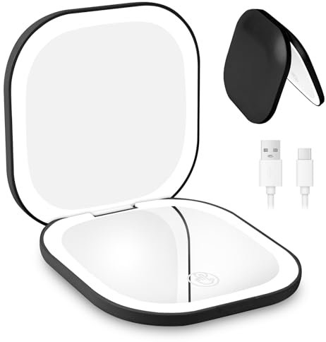 HOTUT Small Portable LED Pocket Mirror,1X/3X Magnification Compact Mirror with Light,Handheld 2-Sided Magnetic Switch Fold,Rechargeable Battery,3 Colors Brightness Adjustable for Handbag(Black）