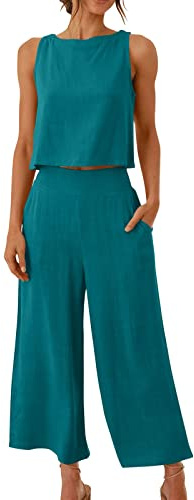 Completo estivo da donna, gilet e pantaloni in cotone e lino, leggero, casual, senza maniche, canottiere e pantaloni corti Capri con tasche, saldi 2025 UK, Blu, L