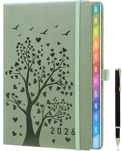 2026 A5 Wochenplaner & Kalender – Wochenübersicht, Jan–Dez mit farbigen Monatsreitern, Stift, Tasche, Lesezeichen – Olivgrün – Ideal für Lehrer, Schüler & volle Terminpläne