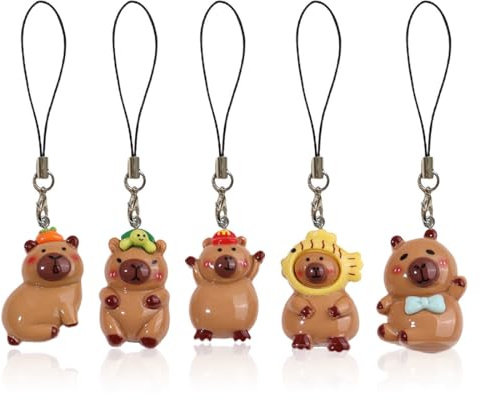 EIROVYA 5 Pezzi Ciondolo per Cellulare,Ciondoli per Portachiavi,Portachiavi Capibara,Portachiavi Kawaii,Charm Telefono,Charm per Borse,Custodia Di Telefono Portachiavi Decorazione
