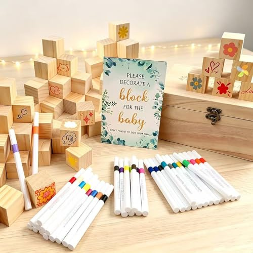 90 Stück Babyparty Spiele Set mit 52 Holzblöcken – Kreatives Baby Party Spiele, Inklusive 36 Bürste & Holzschild & Holzbox – Ideale Baby Party Dekoration & Aktivität für Baby Shower